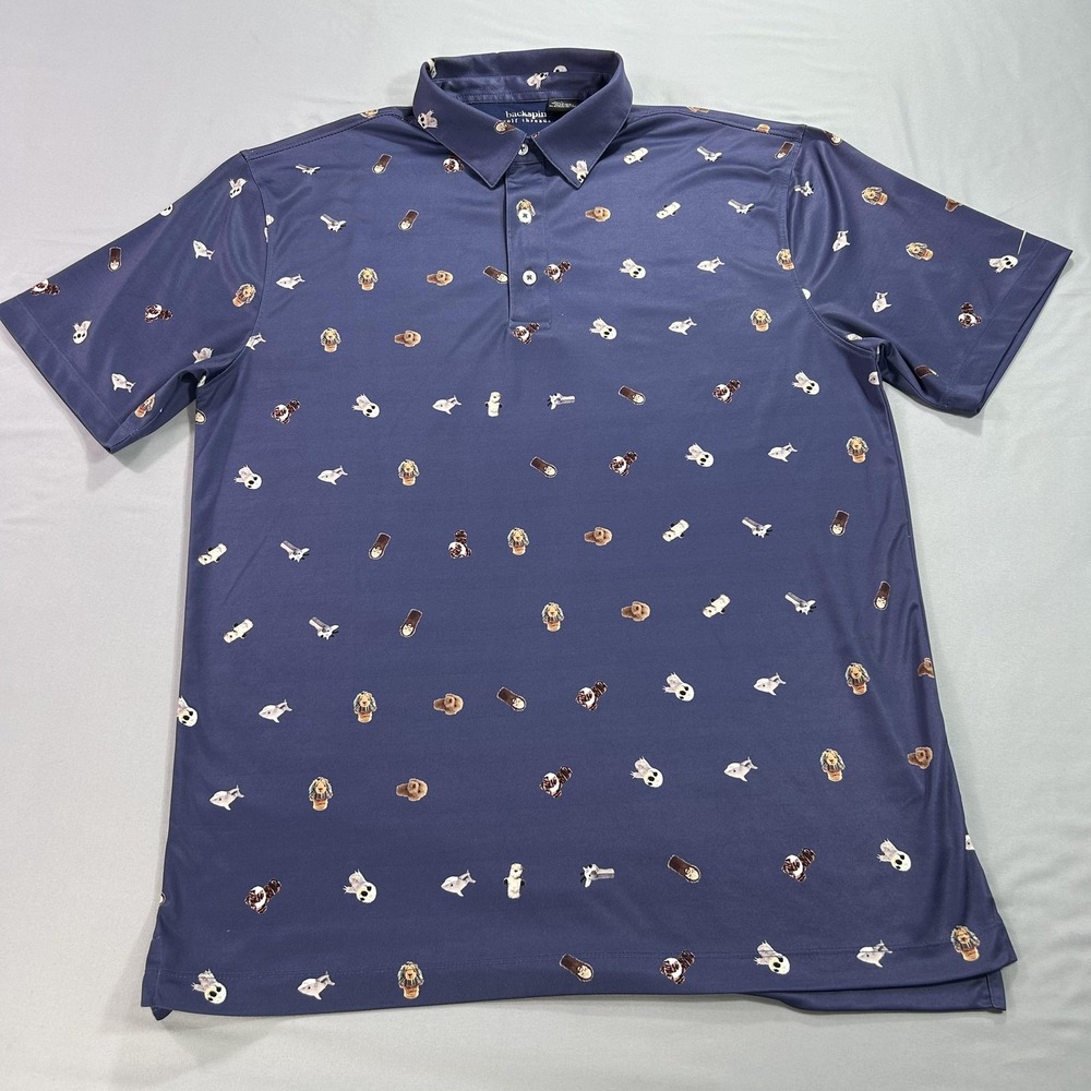 Backspin Golf Threads Polo Shirt Mens Large Blue Dog Print Performance Polyester